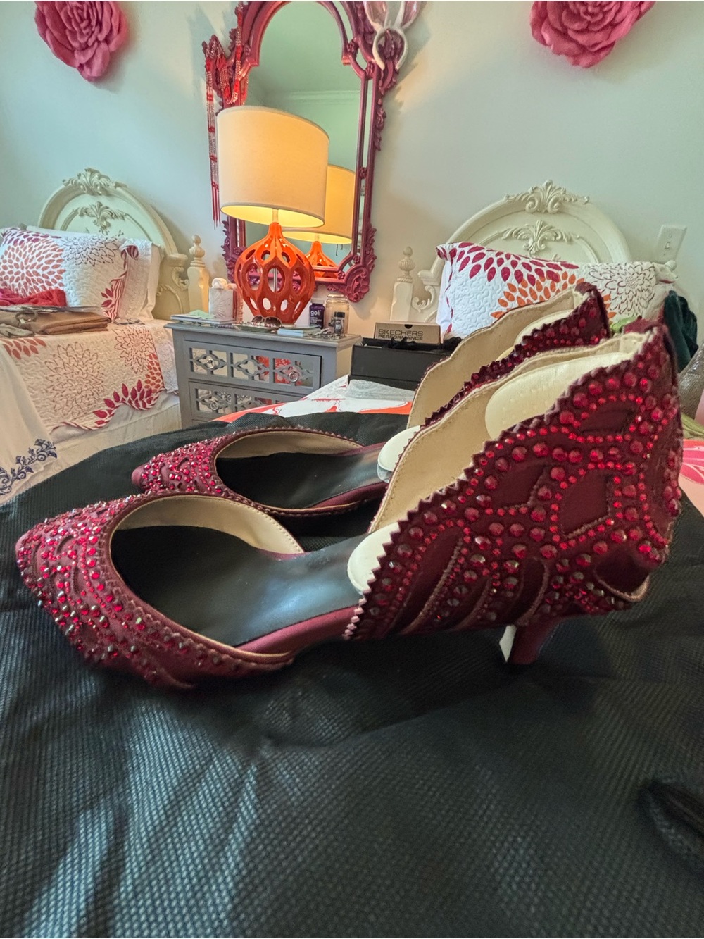 Red Jeweled Scalloped Low Heel Pumps